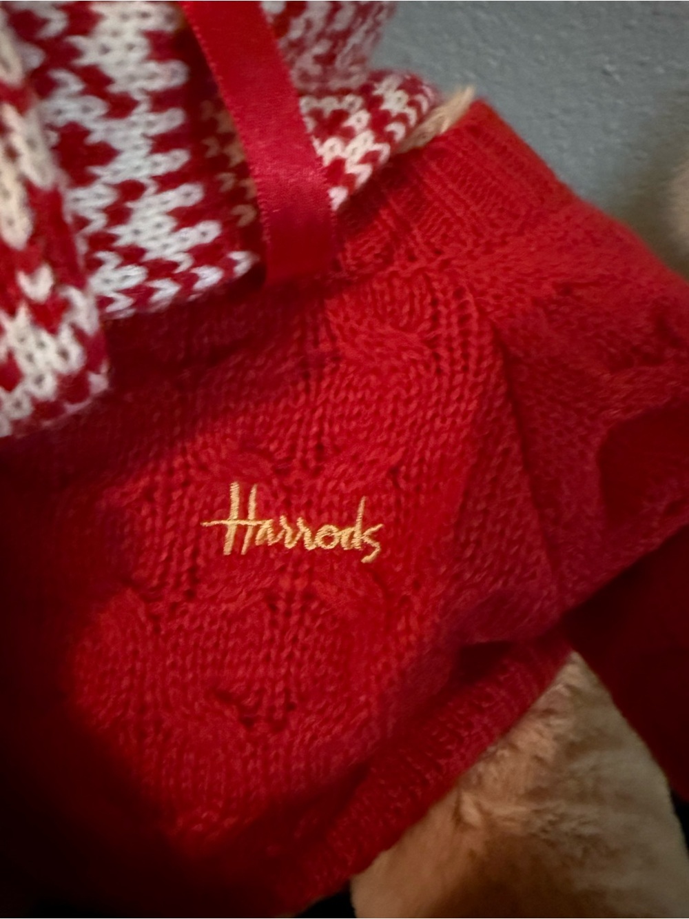 Harrods Red Holiday Bear with Knit Hat & Scarf - Picture 3 of 6